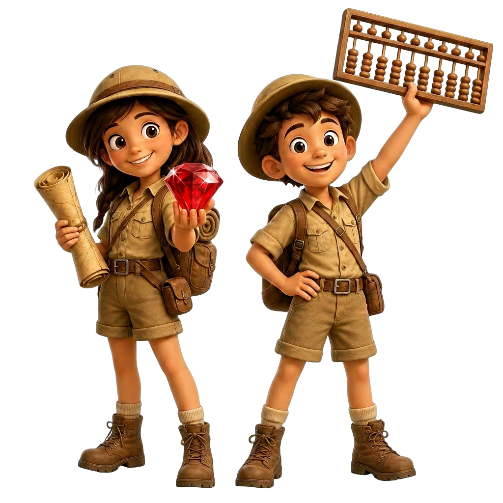 Abacus Adventures mascots — two kid explorers, one holding a treasure map and ruby, the other holding up an abacus